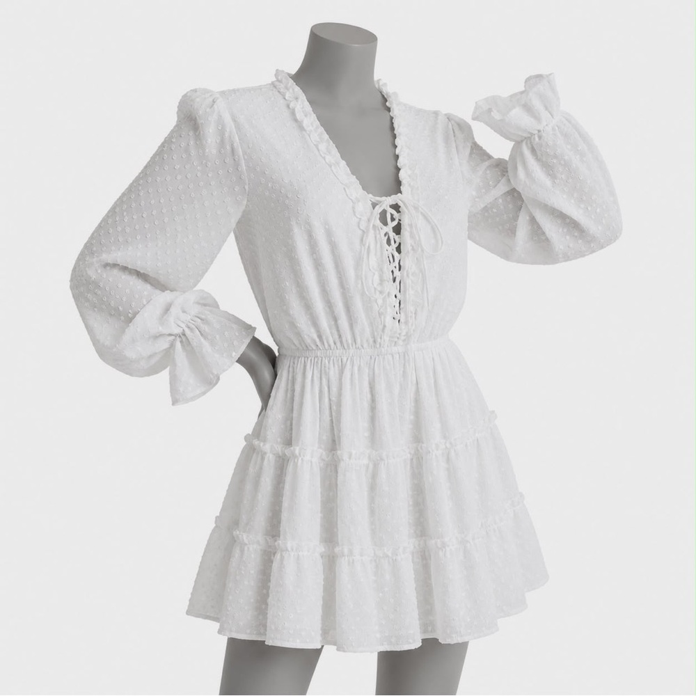 NWOT Sz Med. VENUS. White SwissDot Boho Mini Lace-up Dress w/sheer sleeves - Picture 5 of 9